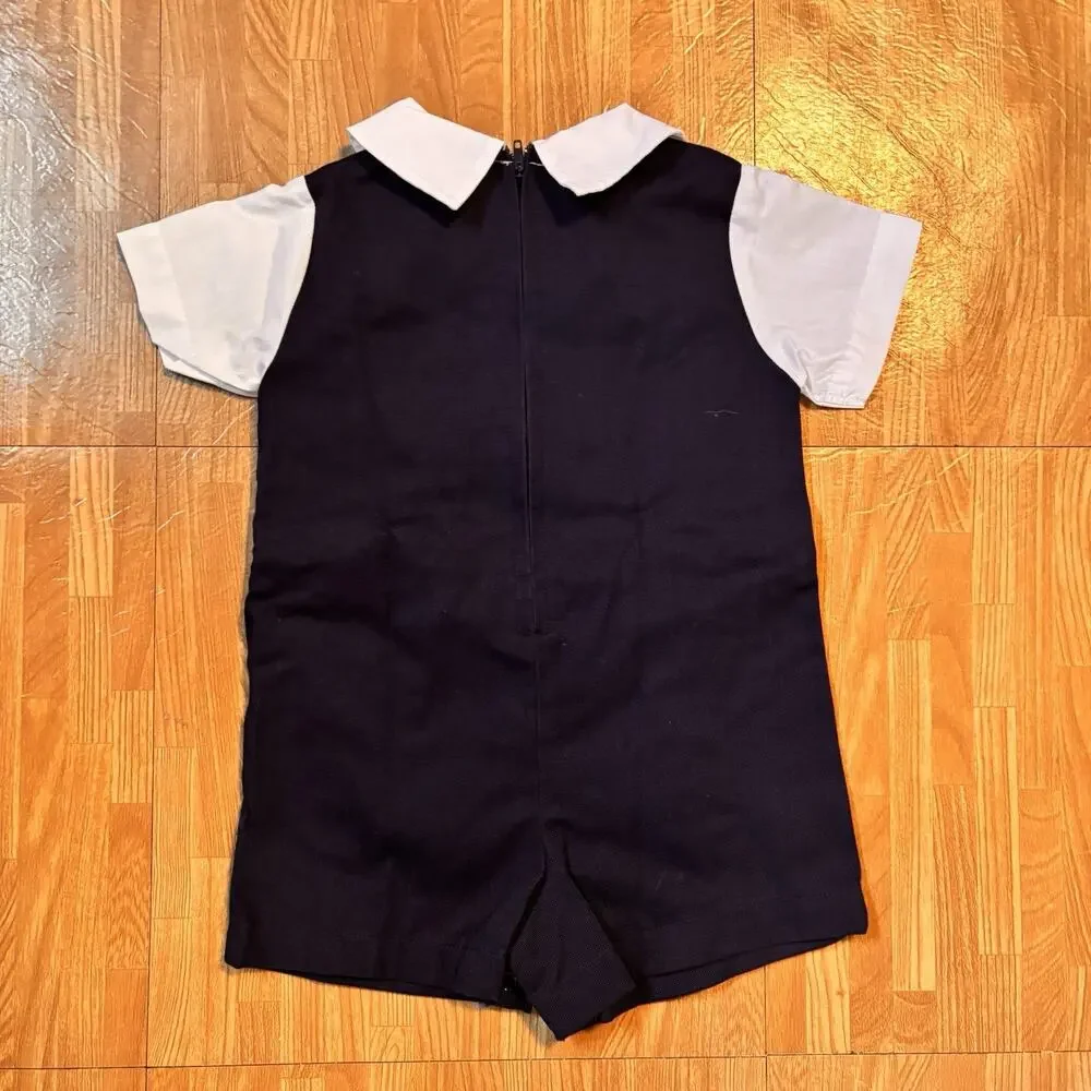 Vintage Baby Boys Navy Sailor Romper 12 Months Nautical Anchor Outfit One Piece